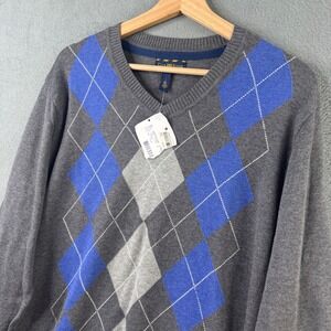 Club Room Mens XL Gray Blue Argyle‎ V-Neck 100% Cotton Sweater NWT 70006